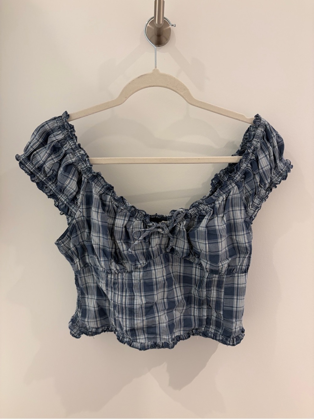 Blue Plaid Ruffle Off-Shoulder Top